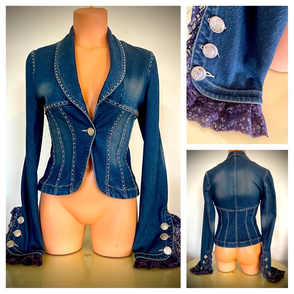 Designer GIZIA Blue Denim Silver Studded Fitted Blazer Jacket Sz 36 EU, US S/XS